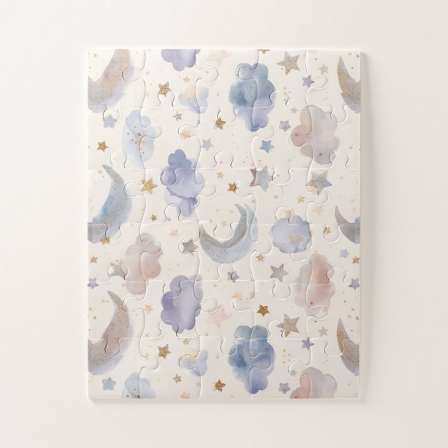 Celestial Moon Stars Clouds Watercolor Pastels Jigsaw Puzzle (Vertical)