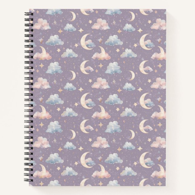 Celestial Moon Stars Clouds Watercolor Pastels Notebook (Front)