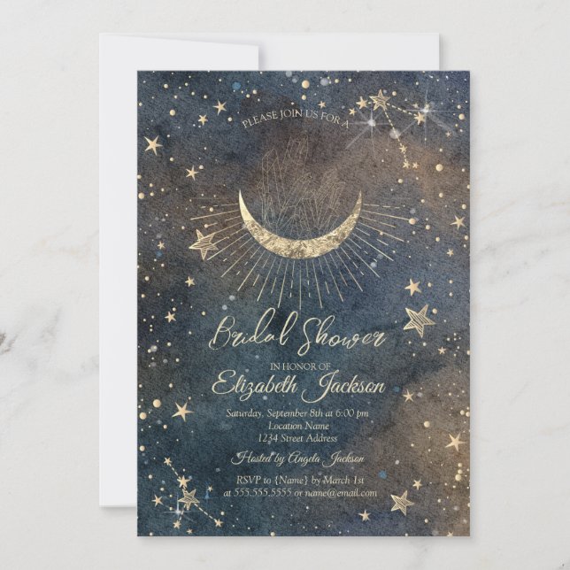 Celestial Moon,Stars Diamond Dark Bridal Shower  Invitation (Front)