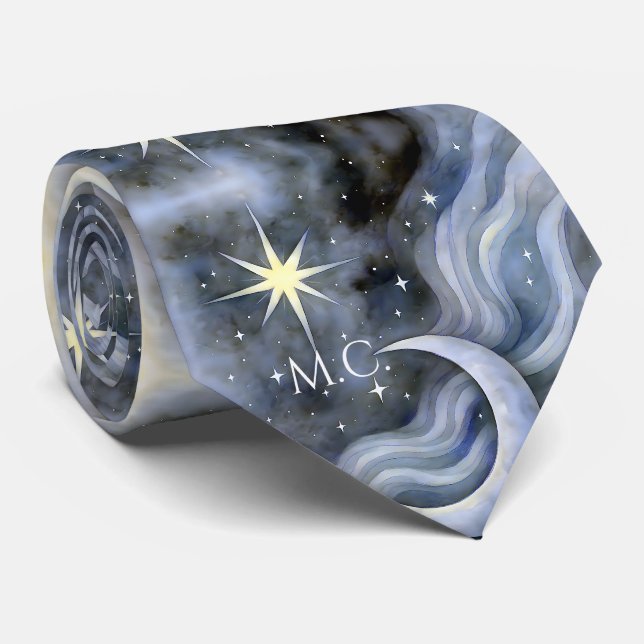 Celestial Moon Stars Dreamy Sky Bold Monogram Neck Tie (Rolled)