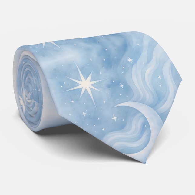 Celestial Moon Stars Dreamy Sky Pastel Watercolor Neck Tie (Rolled)