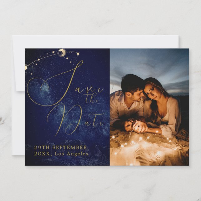  Celestial Moon Stars Elegant Photo  Wedding Save The Date (Front)
