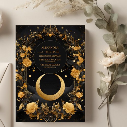 Celestial Moon  Stars Faux Gold Wedding Invitation