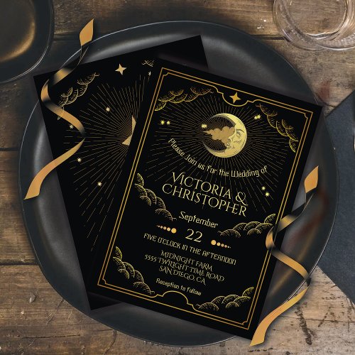 Celestial Moon  Stars Faux Gold Wedding Invitation