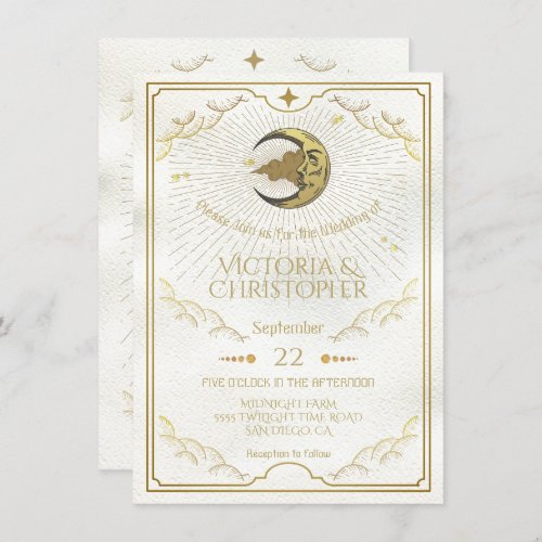 Celestial Moon  Stars Faux Gold Wedding Invitation