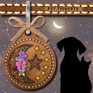 Celestial Moon Stars Floral Brown Leather Pet ID Tag