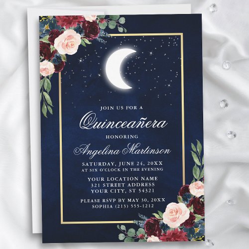 Celestial Moon Stars Floral Gold Quinceanera Invitation