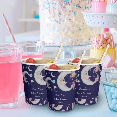 Celestial Moon Stars Floral Peach Navy Baby Shower Paper Cups