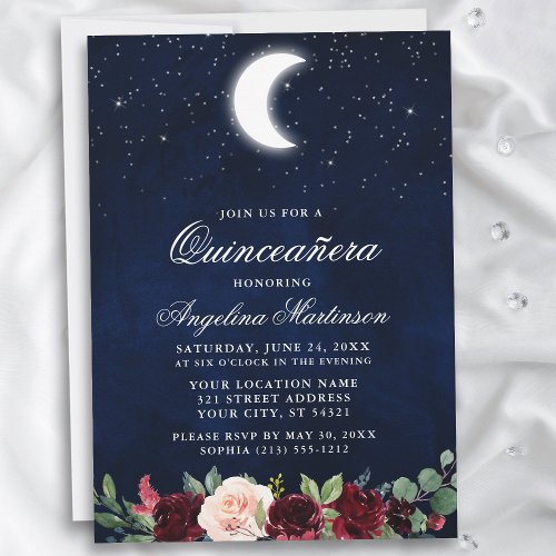 Celestial Moon Stars Floral Quinceanera Invitation