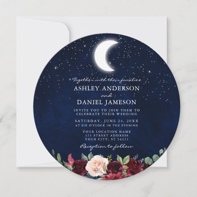 Celestial Moon Stars Floral Round Wedding Invitation (Front)
