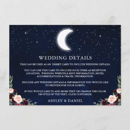 Celestial Moon Stars Floral Wedding Details Enclosure Card