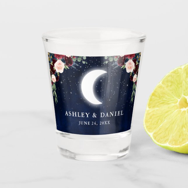 Celestial Moon Stars Floral Wedding Shot Glass (Front)