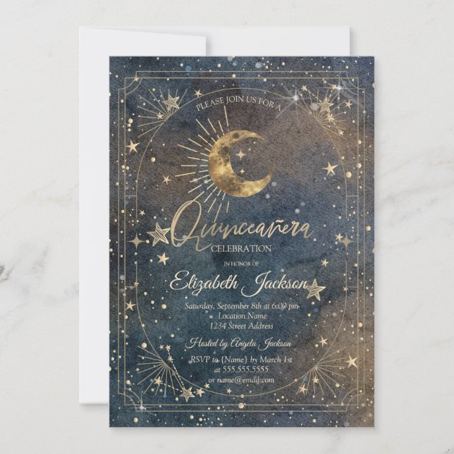 Celestial Moon Stars Frame Dark Galaxy Quinceanera Invitation (Front)