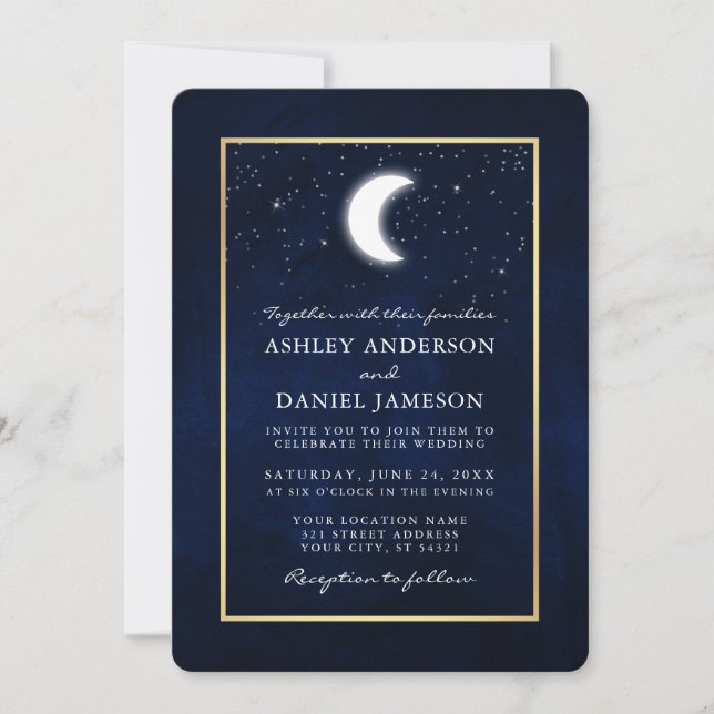 Celestial Moon Stars Gold Frame Wedding Invitation (Front)