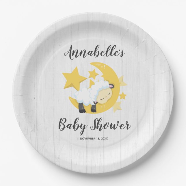 Celestial Moon Stars & Lamb Baby Shower Paper Plates (Front)