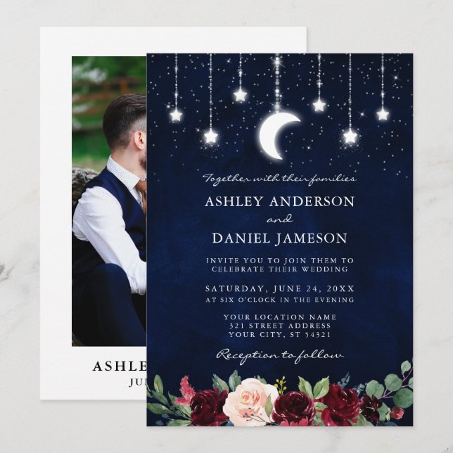 Celestial Moon Stars Lights Floral Photo Wedding Invitation (Front/Back)