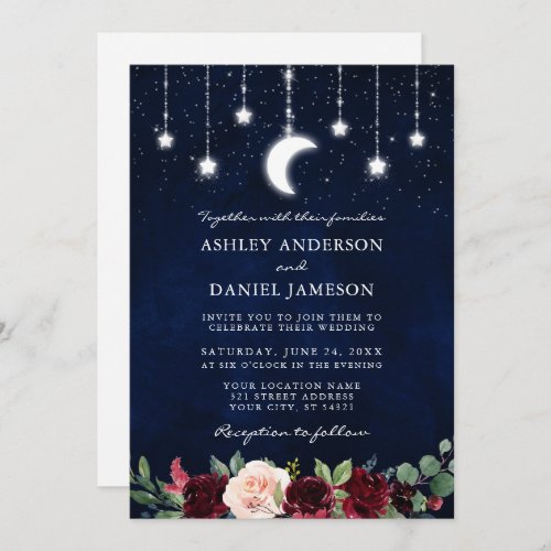 Celestial Moon Stars Lights Floral Photo Wedding Invitation