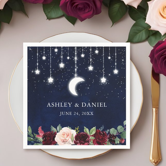 Celestial Moon Stars Lights Floral Wedding Napkins (Customize to change text size, style or to add more text.)