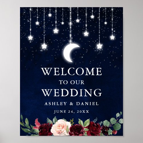 Celestial Moon Stars Lights Floral Wedding Welcome Poster