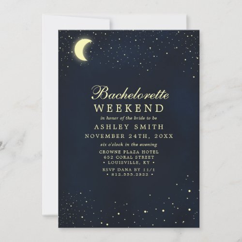 Celestial Moon Stars Midnight Bachelorette Weekend Invitation
