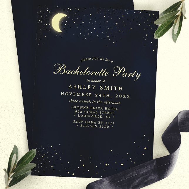 Celestial Moon Stars Midnight Blue Bachelorette Invitation (Creator Uploaded)