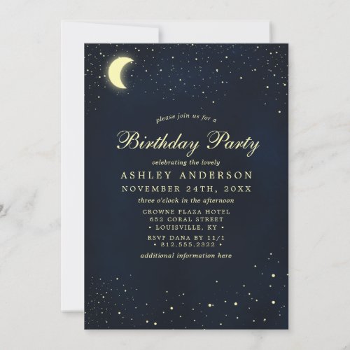 Celestial Moon Stars Midnight Blue Birthday Party Invitation