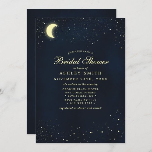 Celestial Moon Stars Midnight Blue Bridal Shower Invitation