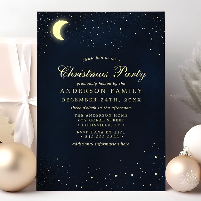 Celestial Moon Stars Midnight Blue Christmas Party Invitation (Creator Uploaded)