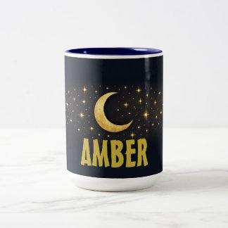 Celestial Moon & Stars Midnight Blue Custom Name Two-Tone Coffee Mug