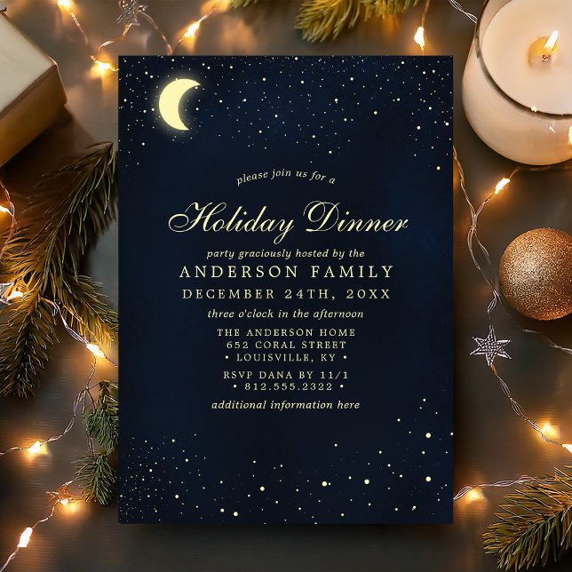 Celestial Moon Stars Midnight Blue Holiday Dinner Invitation (Creator Uploaded)