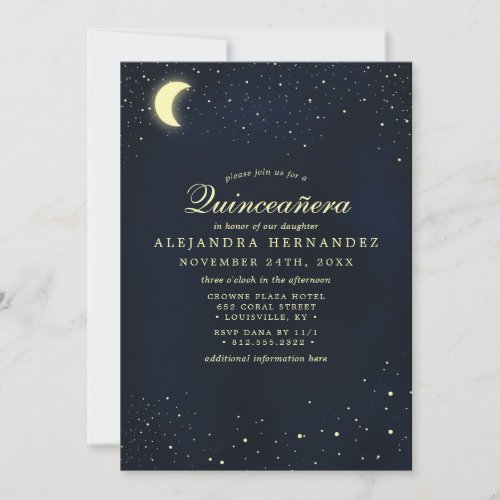 Celestial Moon Stars Midnight Blue Quinceaera Invitation