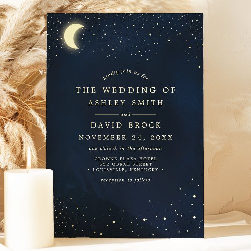 Celestial Moon Stars Midnight Blue Wedding Invitation