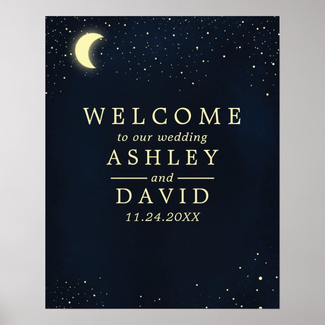 Celestial Moon Stars Midnight Blue Wedding Welcome Poster (Front)