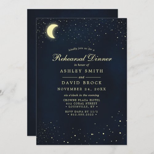 Celestial Moon Stars Midnight Rehearsal Dinner Invitation