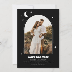 Celestial Moon & Stars. Modern Black Photo Wedding Save The Date