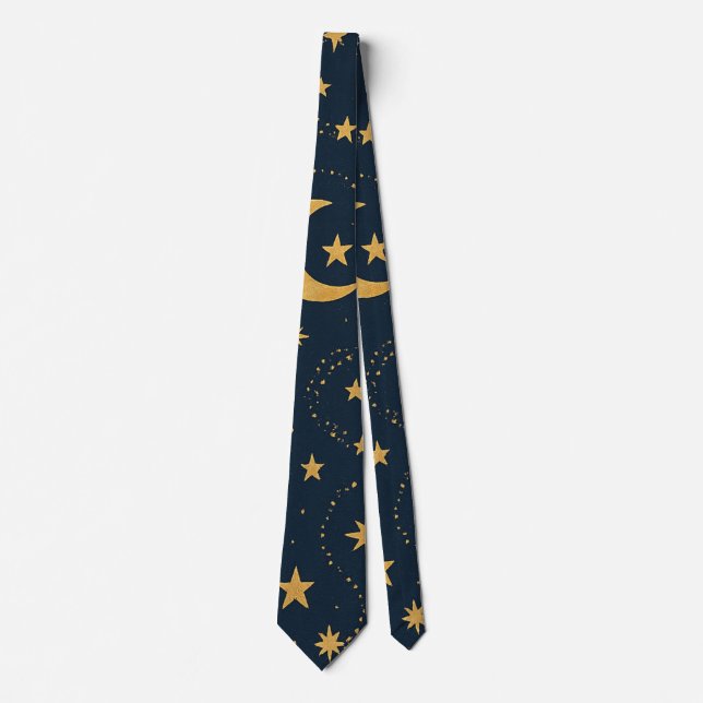 Celestial Moon & Stars Pattern – Midnight Neck Tie (Front)