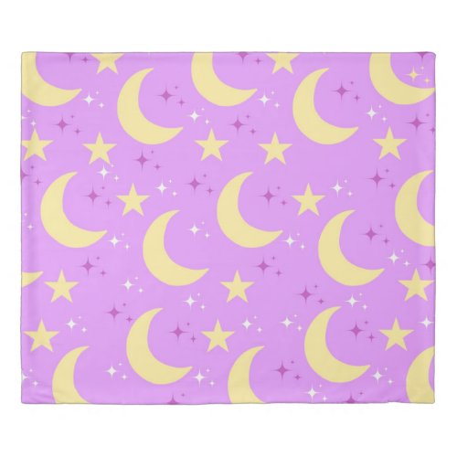 Celestial Moon Stars Pattern Purple Background Duvet Cover