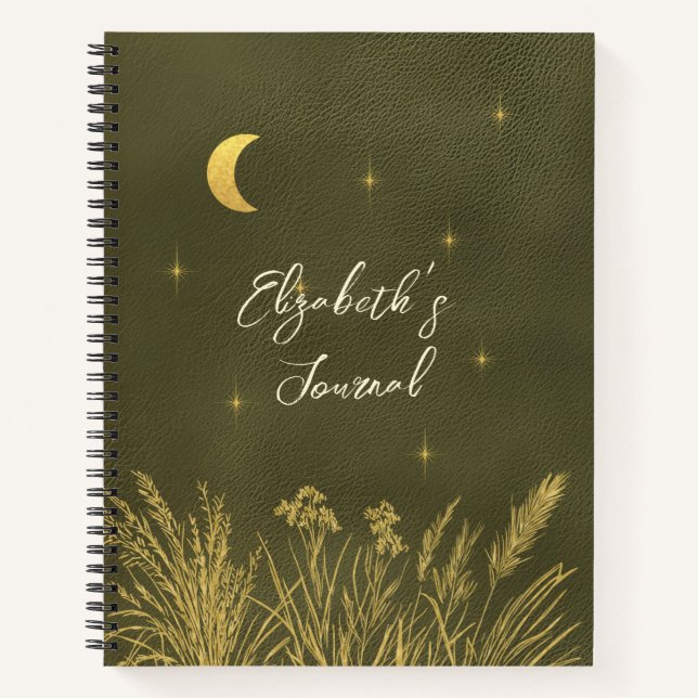 Celestial Moon Stars Personalized Green Journal (Front)