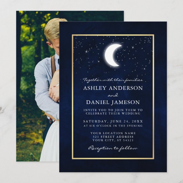Celestial Moon Stars Photo Gold Frame Wedding Invitation (Front/Back)
