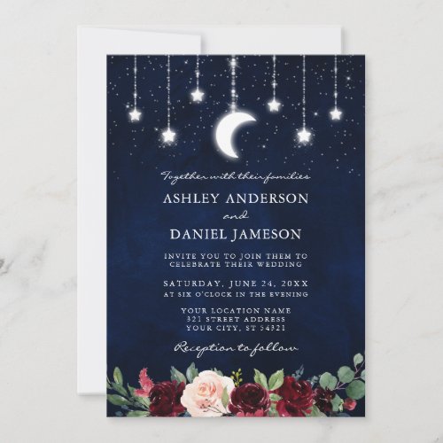 Celestial Moon Stars String Lights Floral Wedding Invitation