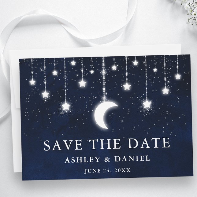 Celestial Moon Stars String Lights Save The Date (Customize to add text to back of card.)