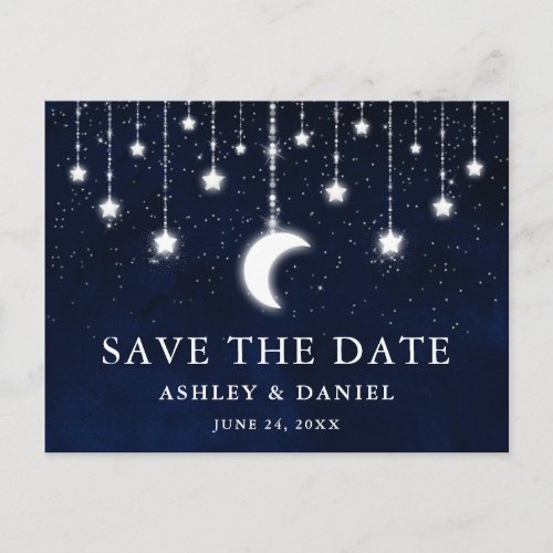 Celestial Moon Stars String Lights Save The Date Postcard