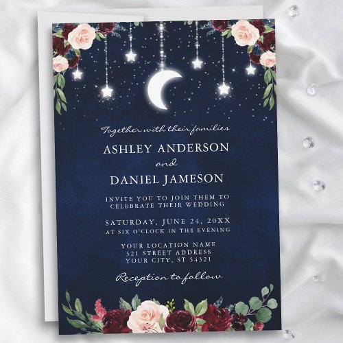 Celestial Moon Stars String Lights Wedding Floral Invitation