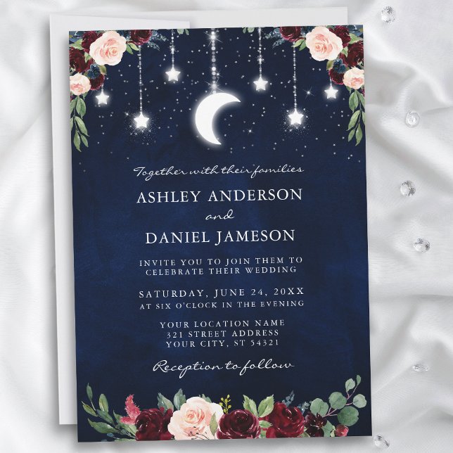 Celestial Moon Stars String Lights Wedding Floral Invitation (Customize to change text size or text style.)