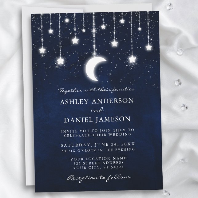 Celestial Moon Stars String Lights Wedding Invitation (Customize to add more text or photos to back of card.)
