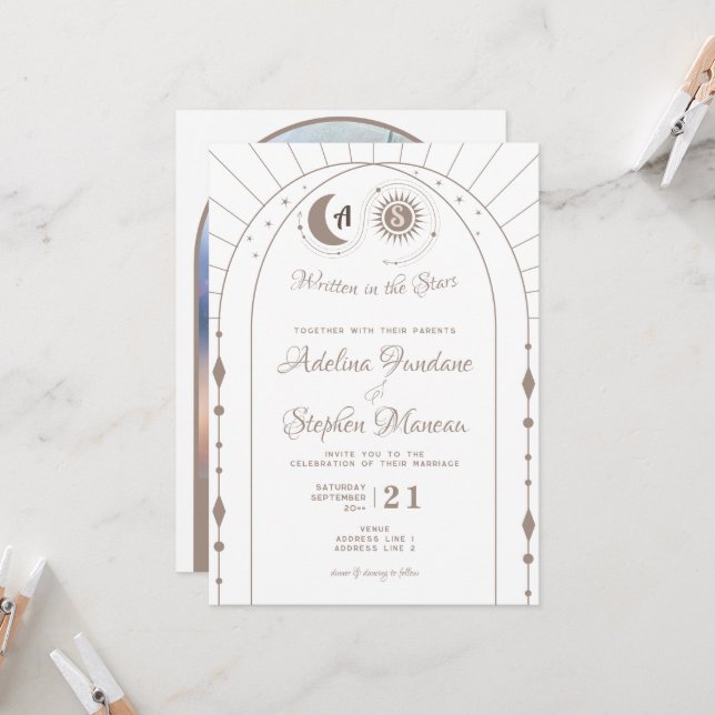 Celestial Moon & Sun Monogram Crest RSVP QR Code Invitation (Front/Back In Situ)