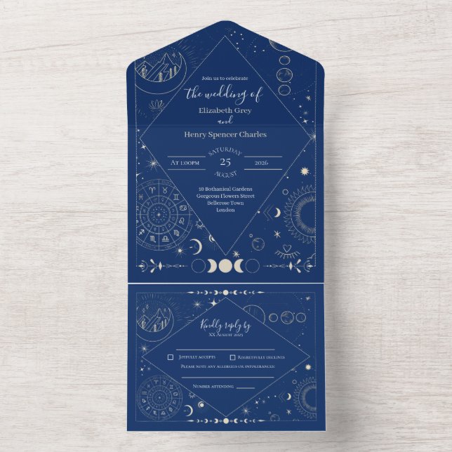 Celestial moon sun stars constellations wedding all in one invitation (Inside)