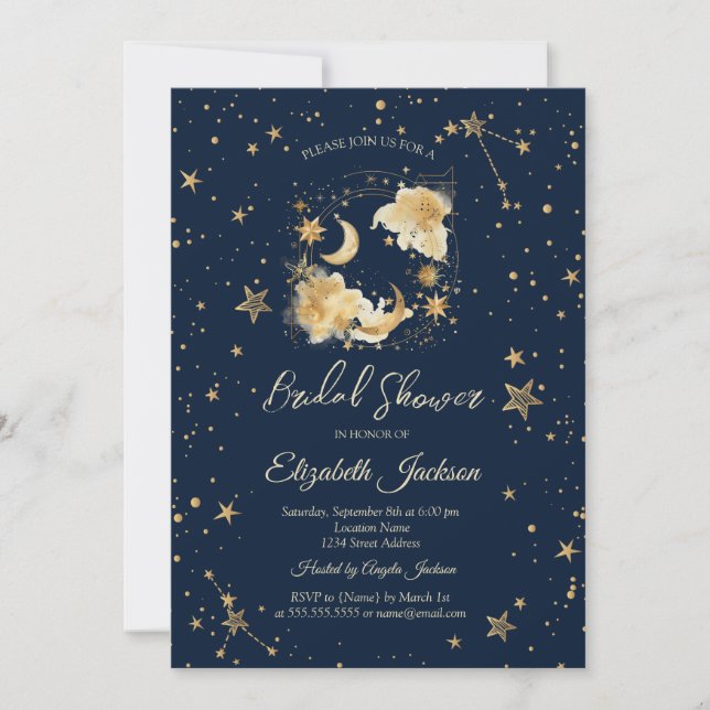 Celestial Moon,Sun,Stars Navy Blue Bridal Shower Invitation (Front)