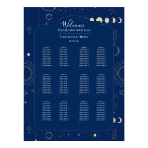 Celestial moon sun stars navy wedding seating plan poster