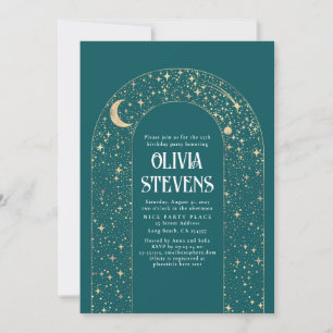 Celestial Moon Teal Mystical Birthday Invitation